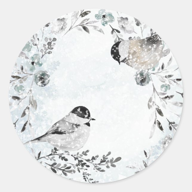 Winter Chickadee Birds Dusty Blue Wreath Christmas Classic Round Sticker (Front)