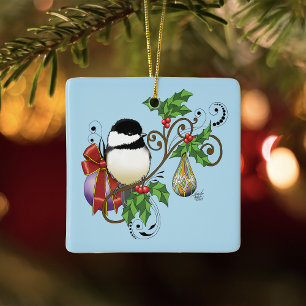 Winter Chickadee Christmas  Ceramic Ornament
