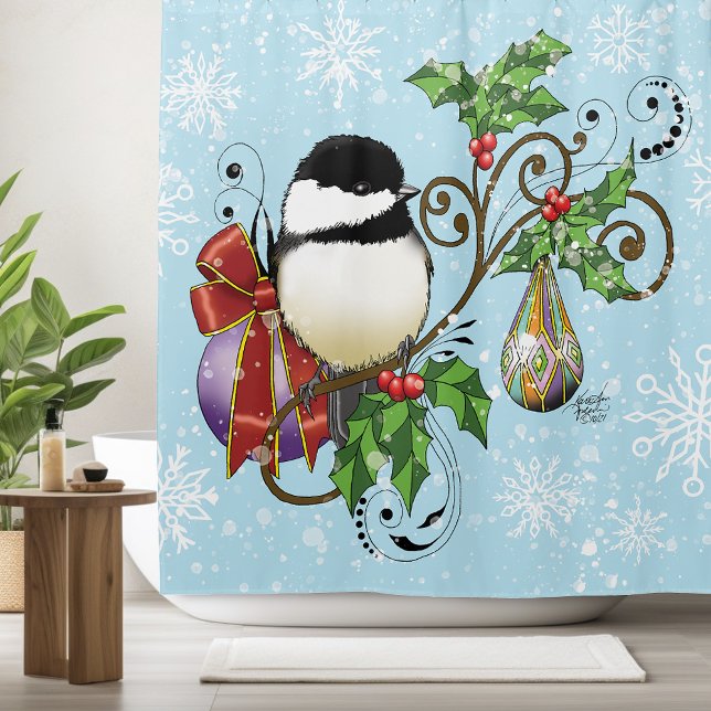 Winter Chickadee Christmas Shower Curtain (Creator Uploaded)
