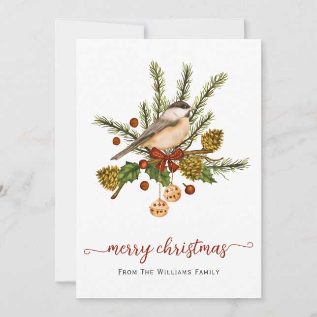 Winter Chickadee Merry Christmas  Holiday Card (Front)