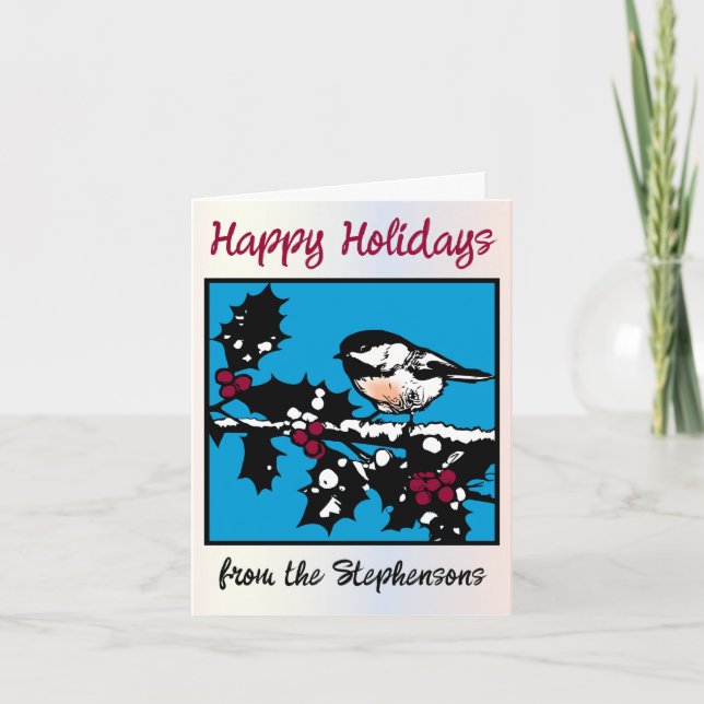 Winter Chickadee on Holly Woodcut Winter Holidays Holiday Card