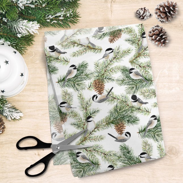 Winter Chickadee Pine Branch Christmas Pattern Tissue Paper (Creator Uploaded)