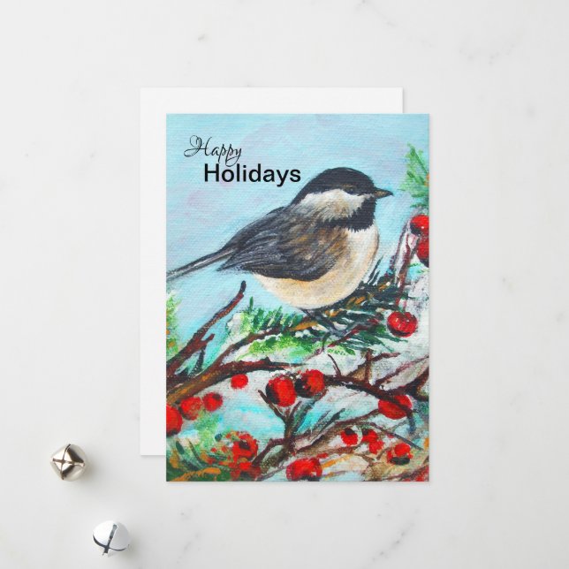 Winter Chickadee With Berries Holiday Card (Front/Back In Situ)