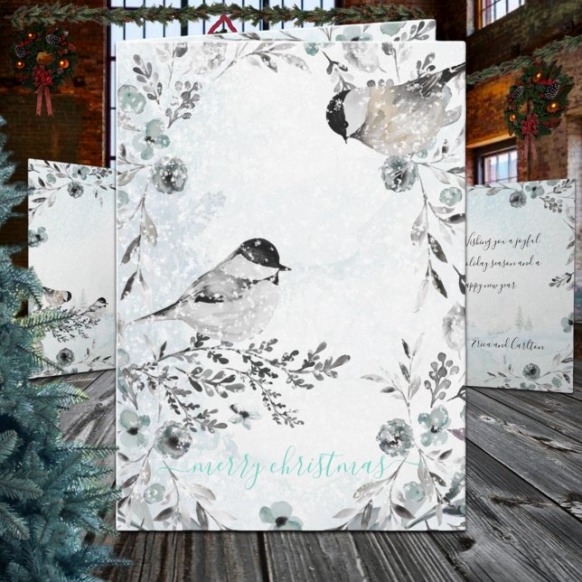 Winter Chickadees Dusty Blue Wreath Christmas Holiday Card (Winter Chickadees Dusty Blue Wreath Christmas Holiday Card)