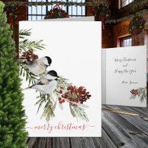 Winter Chickadees Pine Berries Merry Christmas