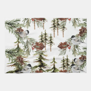 Winter Chickadees Spruce Tree Woodland Holiday Tea Towel