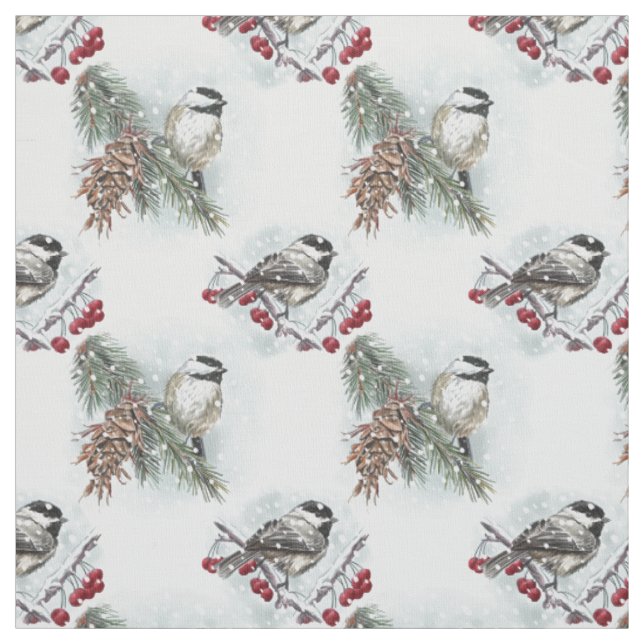 Winter Chickadees Watercolor Christmas Fabric (Swatch)
