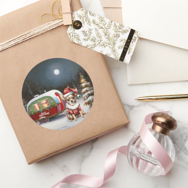 Winter Chihuahua Caravan Christmas Adventure  Classic Round Sticker (Gifting)