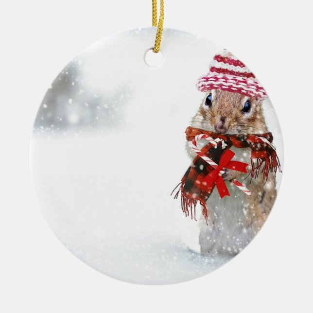 Winter Chipmunk Knit Hat Red Scarf Bundled Up Ceramic Tree Decoration (Front)