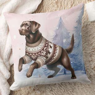 Winter Chocolate Labrador Retriever Snow Dog  Cushion