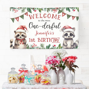 Winter Christmas 1st Birthday Party Cute Raccons Banner