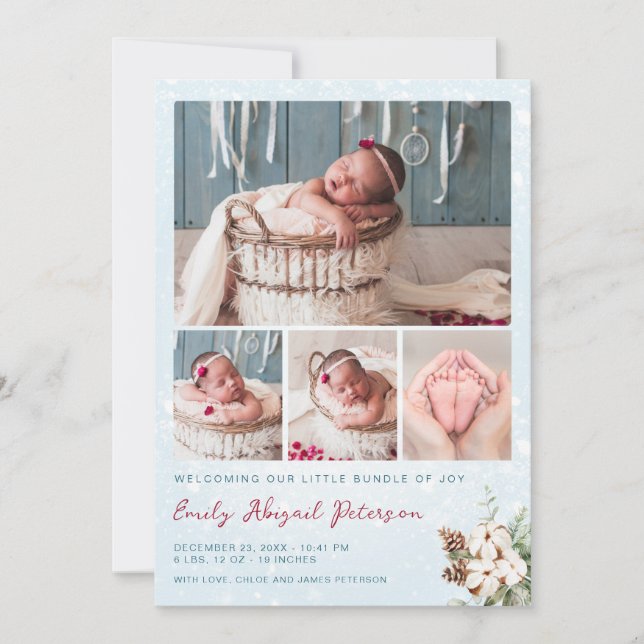 Winter Christmas Baby Girl Newborn Photo Birth Announcement (Front)