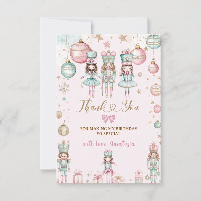 Winter Christmas Ballerinas Girl Birthday Thank You Card (Front)