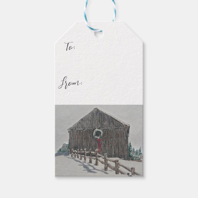 Winter Christmas Barn Gift Tag (Front)