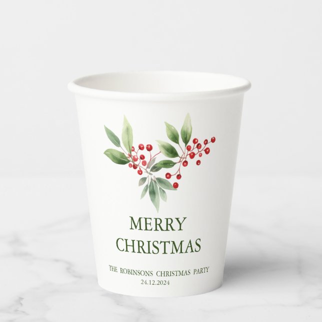 Winter Christmas Berry Watercolor Paper Cups (Front)