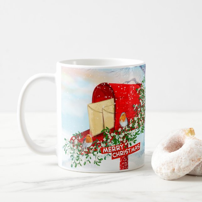 Winter Christmas Birds And A Red Post Box Coffee Mug (With Donut)
