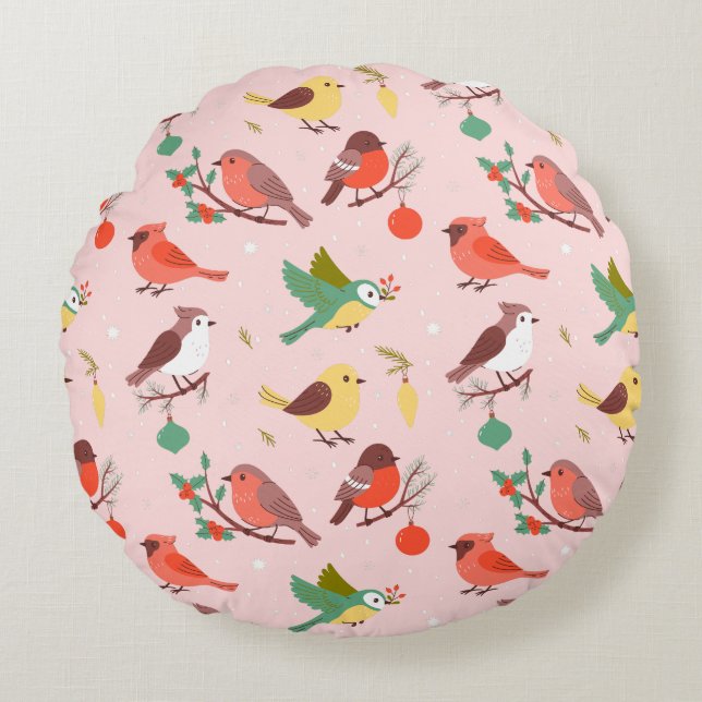 Winter Christmas Birds Kids Round Cushion (Front)