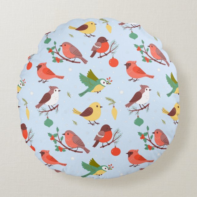 Winter Christmas Birds Kids Round Cushion (Front)