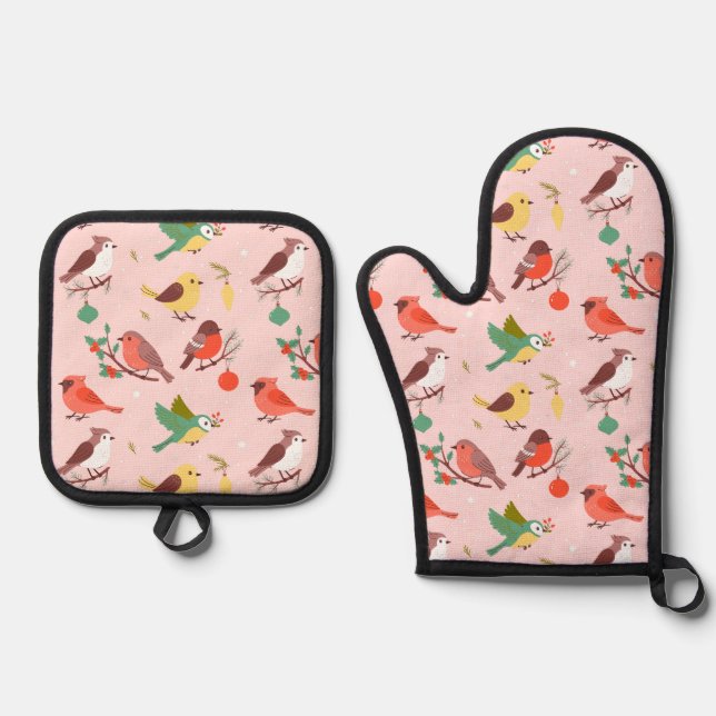 Winter Christmas Birds Oven Mitt & Pot Holder Set (Front)