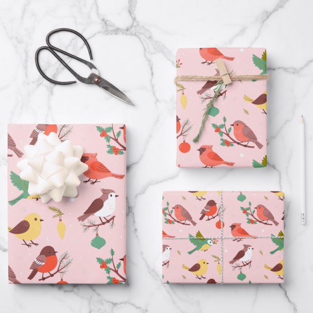 Winter Christmas Birds Wrapping Paper Sheet (Front)