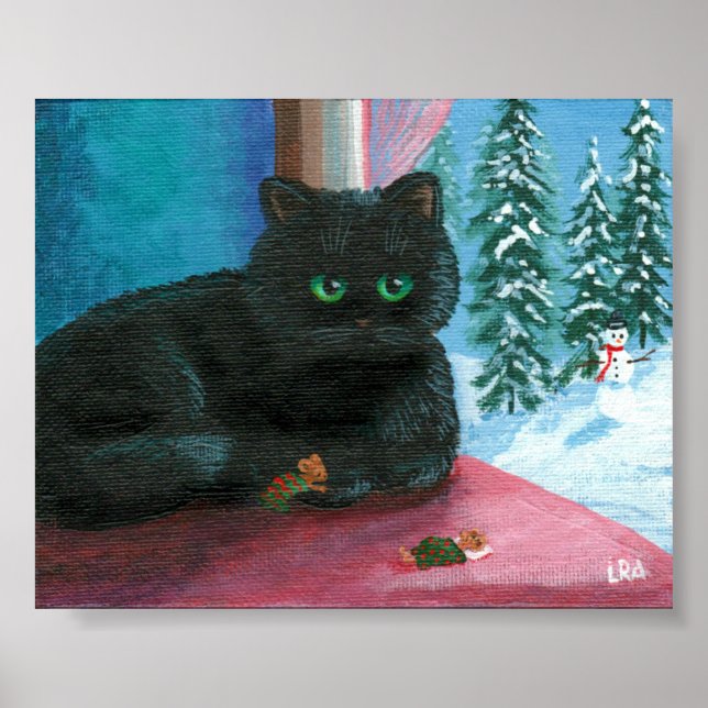 Winter Christmas Black Cat Mouse Art Creationarts Poster (Front)