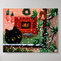 Winter Christmas Black Cat Owl Art Creationarts