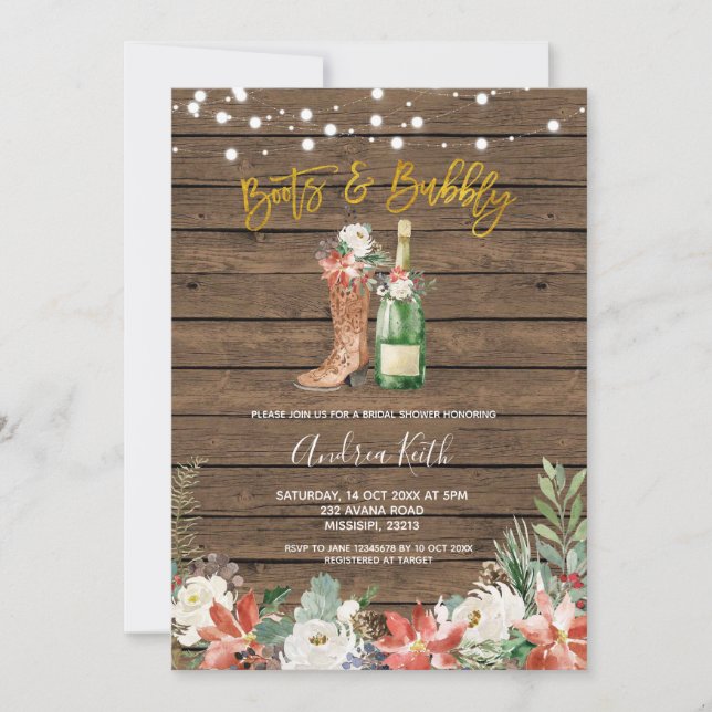 Winter Christmas Boots and Bubbly Bridal Shower Invitation (Front)