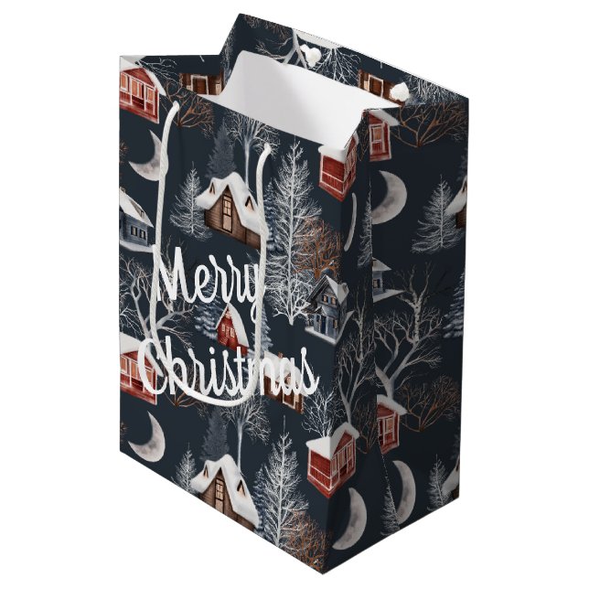 Winter Christmas Cabin Medium Gift Bag (Front Angled)