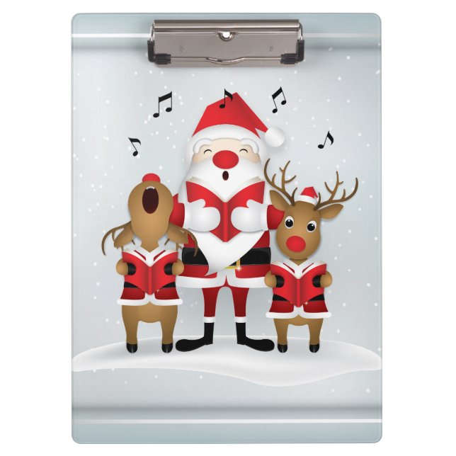 Winter Christmas Carolling Santa Reindeer Singing Clipboard (Front)