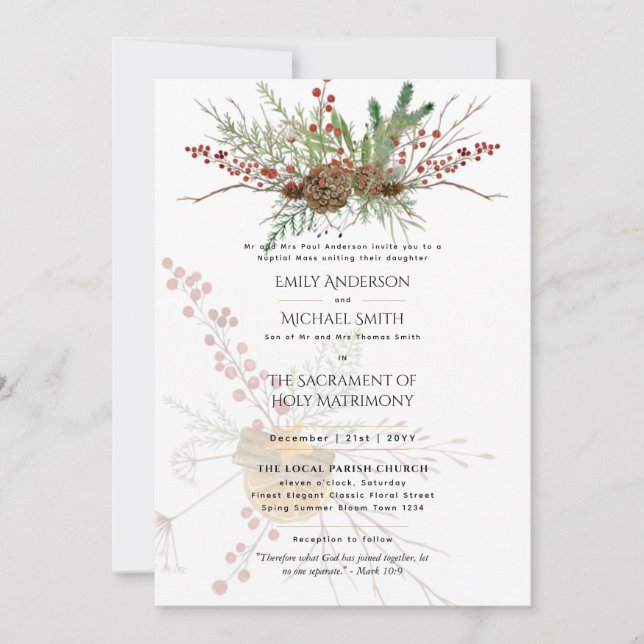 Winter Christmas Catholic Wedding Nuptial Mass Invitation (Front)