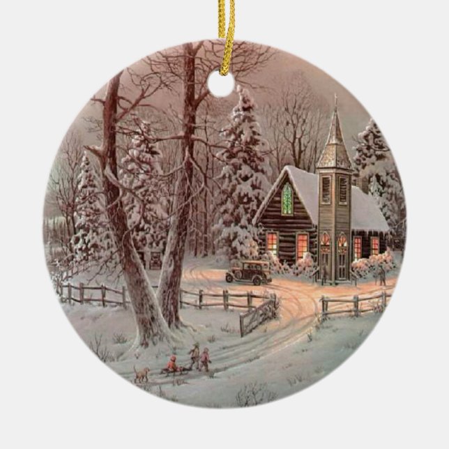 Winter Christmas Church Scene Ceramic Tree Decoration (Front)