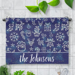 Winter Christmas Constellation Pattern Custom Name Tea Towel<br><div class="desc">These pretty Christmas hand towels include your personalised family name and a beautiful,  original winter constellation pattern in blue and white. The starry pattern has many holiday symbols,  from Santa Claus to snowflakes,  trees,  deer,  bells,  snowmen,  ornaments,  and more. Use the easy template to personalise.</div>