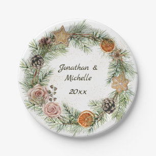 Winter Christmas Cookies, Pink Roses, Evergreen Paper Plate
