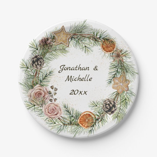 Winter Christmas Cookies, Pink Roses, Evergreen Paper Plate (Front)