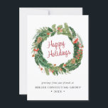 Winter Christmas Corporate Holiday Card<br><div class="desc">This beautiful holiday corporate business card features beautiful watercolor red flowers with holly berries, pinecones, and greenery arranged as a chic wreath with 'Happy Holidays' in an elegant handwritten calligraphy script. The back contains matching artwork with a message and a business logo for personalising. Find matching items in the Holiday...</div>
