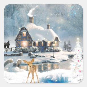 Winter Christmas Cottage Square Sticker