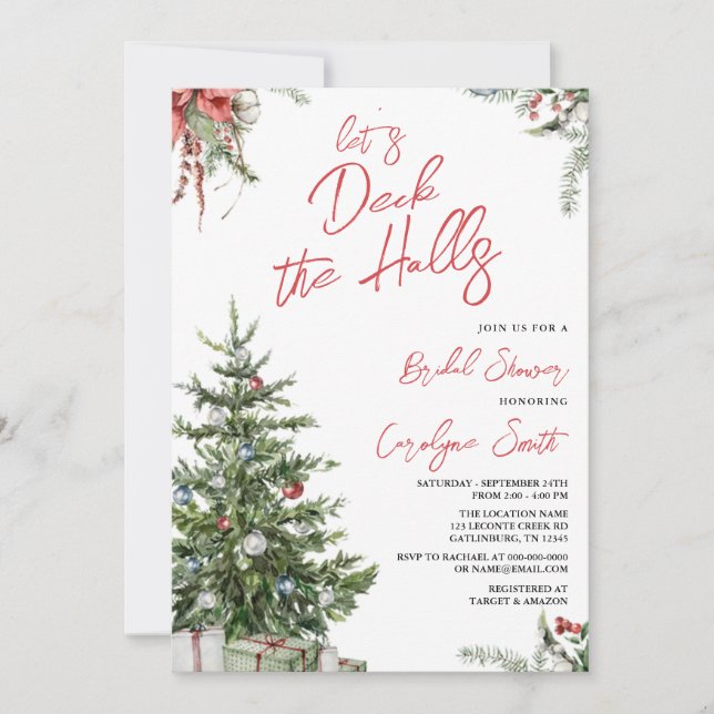 Winter, Christmas Deck the Halls Bridal Shower Invitation (Front)