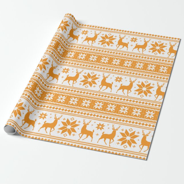 Winter Christmas Deer Orange Snowflake Pattern Wrapping Paper (Unrolled)