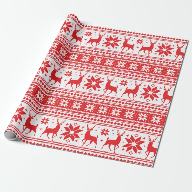 Winter Christmas Deer Red Snowflake Pattern Wrapping Paper (Unrolled)