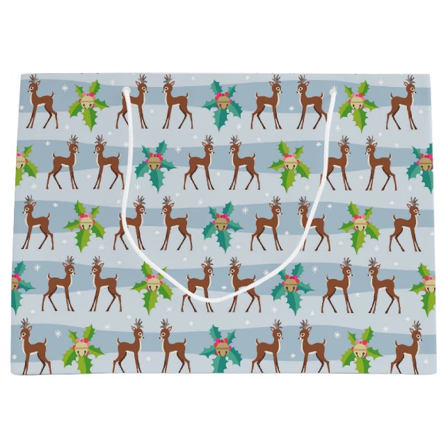 Winter Christmas Deer with Holly Retro Inspired Large Gift Bag (Front)