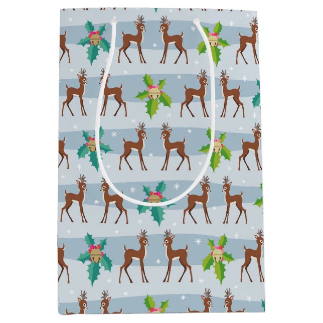 Winter Christmas Deer with Holly Retro Inspired Medium Gift Bag (Front)
