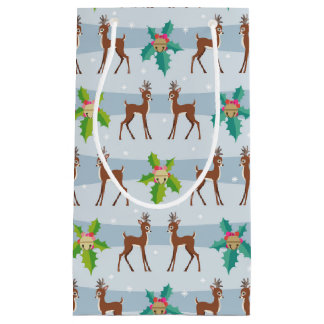 Winter Christmas Deer with Holly Retro Inspired Small Gift Bag