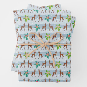 Winter Christmas Deer with Holly Retro Inspired Wr Wrapping Paper Sheet