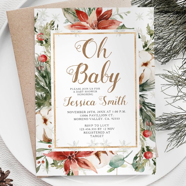 Winter Christmas Floral Baby Shower Snowflakes Invitation (Creator Uploaded)