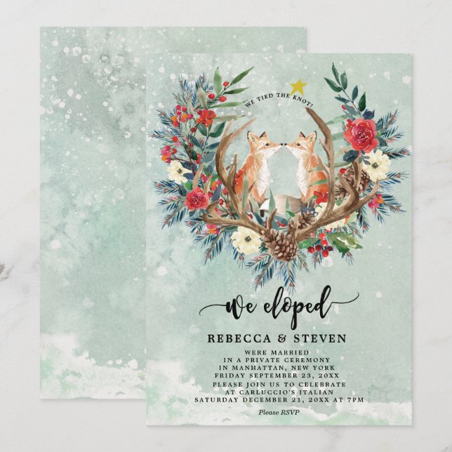 winter christmas floral foxes we eloped invitation (Front/Back)