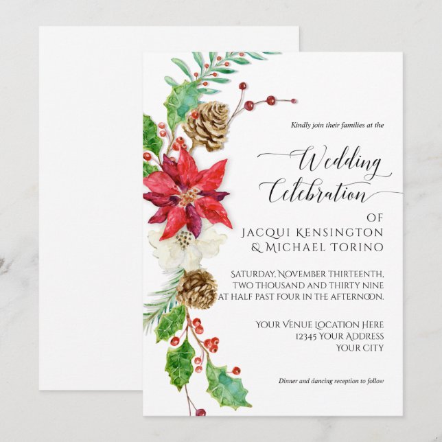 Winter Christmas Floral Red Gold Poinsettia Holly Invitation (Front/Back)