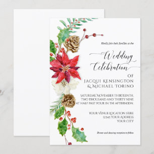 Winter Christmas Floral Red Gold Poinsettia Holly Invitation