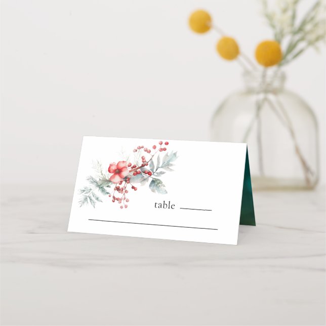 Winter Christmas Floral Watercolor Wedding Place Card (Front)