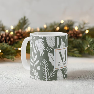 Winter Christmas Foliage Family Monogram Green Coffee Mug