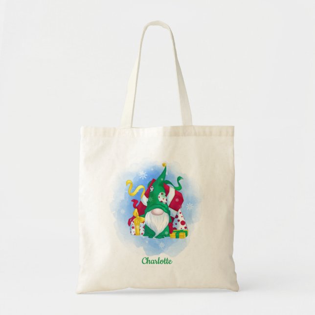 Winter Christmas Gift Gnome Personalized Name Tote Bag (Front)